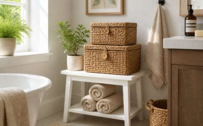 Organize with storage boxes bathroom, perfect for small spaces.