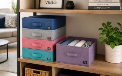 Foldable storage boxes pep home for easy organization.